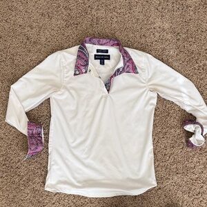 Equestrian show shirt a Beacon White Polo Tunic with Pink Paisley Collar & Cuff